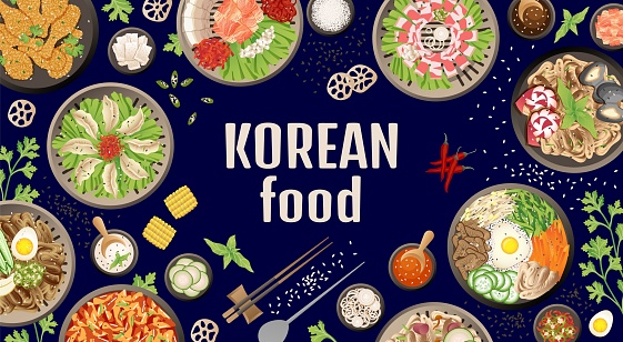 Korean dinner background. Closeup traditional asian meal, top view barbecue food. Buffet korea dish, oriental cuisine swanky vector poster