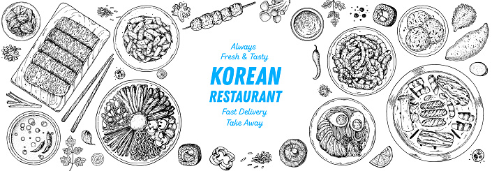 Korean food top view illustration. Hand drawn sketch. Bibimbap, kimchi, kimbap, noodles, skewers. Korean street food, take away menu design. Vector illustration