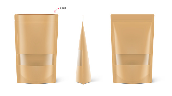 Kraft pouch bag mockup isolated on white background with plastic window.