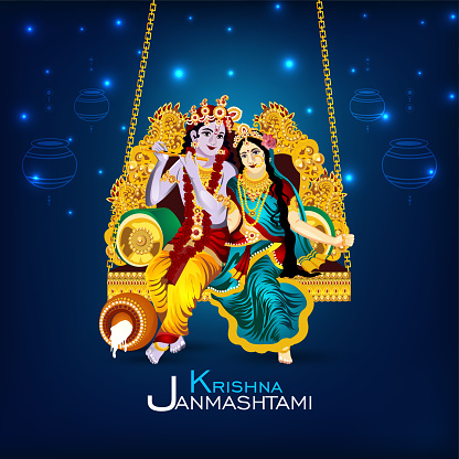Krishna janmashtami celebration background with vector illustration of krishna and radha