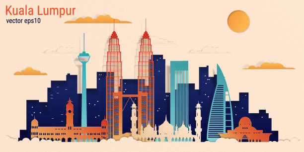 Kuala Lumpur city colorful paper cut style, vector stock illustration Kuala Lumpur city colorful paper cut style, vector stock illustration. Cityscape with all famous buildings. Skyline Kuala Lumpur city composition for design kuala lumpur stock illustrations