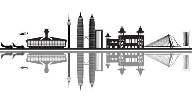 kuala lumpur city skyline with airport and bridge kuala lumpur city skyline with airport and bridge and station airport silhouettes stock illustrations