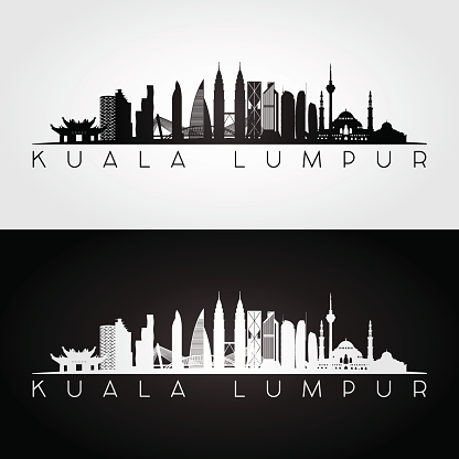 Kuala Lumpur skyline and landmarks silhouette, black and white design, vector illustration.