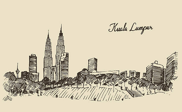 Kuala Lumpur skyline engraved hand drawn sketch Kuala Lumpur skyline big city architecture vintage engraved illustration hand drawn sketch kuala lumpur stock illustrations