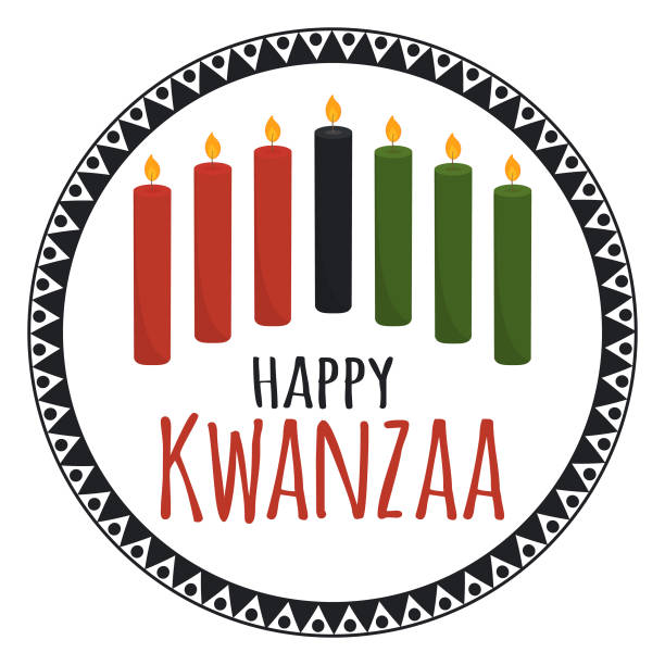 Kwanzaa - African American heritage culture holiday. Annual festival celebration in December. Black history. Seven traditional candles in round frame with tribal African geometric pattern. Poster, greeting card, banner, logo. Vector illustration Kwanzaa - African American heritage culture holiday. Annual festival celebration in December. Black history. Seven traditional candles in round frame with tribal African geometric pattern. Poster, greeting card, banner, logo. Vector illustration isolated kwanzaa stock illustrations