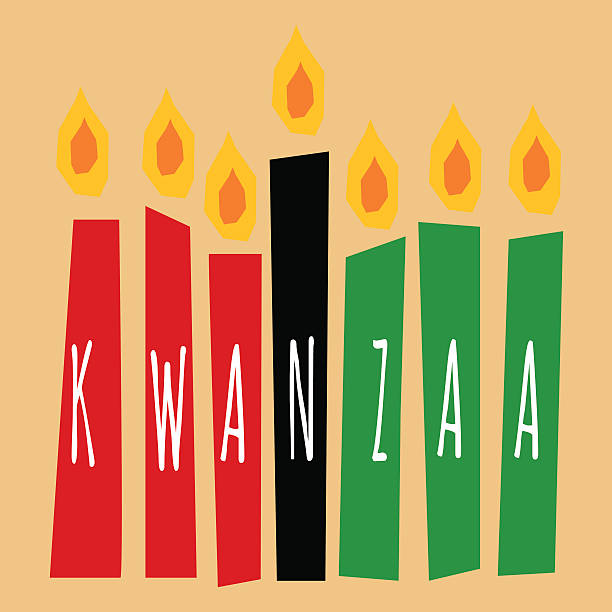 kwanzaa candles kwanzaa candles lightning on the beige background with letters forming word Kwanzaa on them kwanzaa stock illustrations