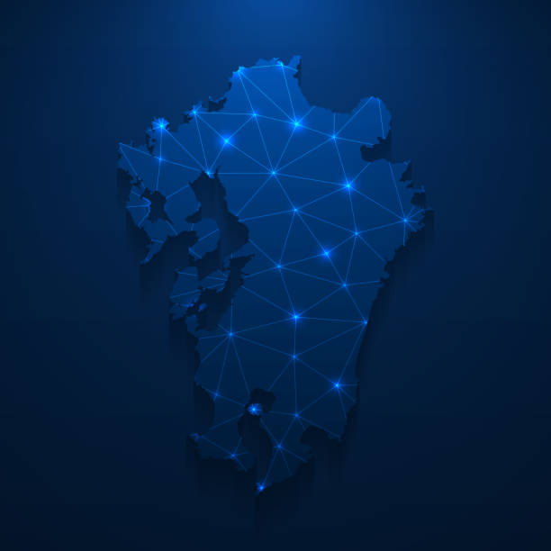 九州地図ネットワーク - 濃い青色の背景に明るいメッシュ - 九州点のイラスト素材／クリップアート素材／マンガ素材／アイコン素材