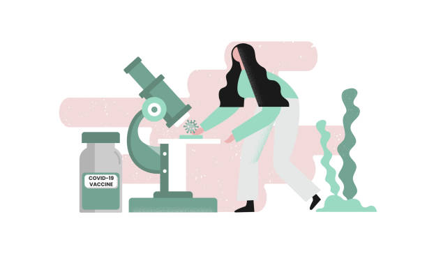 Lab technician leaning towards a microscope and holding coronavirus pathogen. vector art illustration