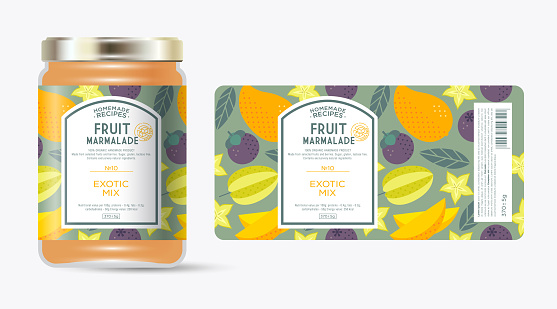 Label and packaging of exotic fruit marmalade. Jar with label.