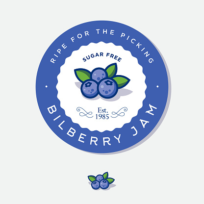 Label for bilberry jam. Round sticker for jar with berries, leaves and letters in a circle.