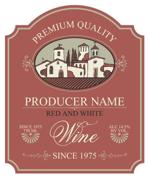 label for wine with European rural landscape Vector label for red and white wine with a landscape of the european village in retro style with a calligraphic inscription in figured frame champagne borders stock illustrations
