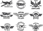 Labels design template with pictures of airplanes. Aircraft emblem, pilot school and aviation transportation training, vector illustration