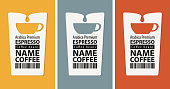 Set of three labels for coffee beans. Vector labels with cups, barcodes and the words Espresso, Arabica premium on a background with various colors