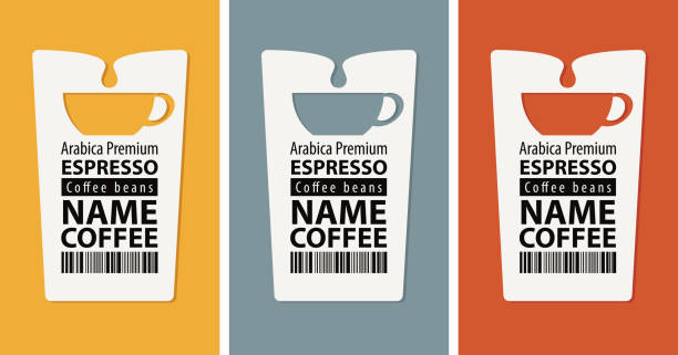 labels for coffee beans with cups and bar codes Set of three labels for coffee beans. Vector labels with cups, barcodes and the words Espresso, Arabica premium on a background with various colors breakfast backgrounds stock illustrations