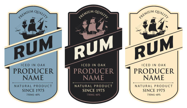 labels for Rum with sailing ship and inscriptions Set of three vector labels for rum in a figured frames with sailing ships and inscriptions in retro style. Premium quality, iced in oak, collection of strong alcoholic beverages rum stock illustrations