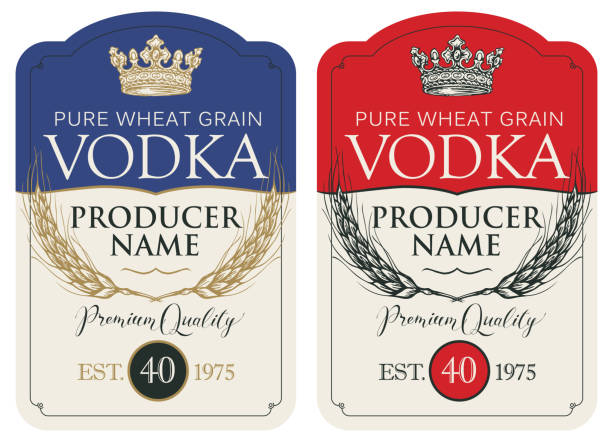 Labels for vodka with ears of wheat and crown Set of two vector labels for vodka in the figured frame with crown, ears of wheat and inscriptions in retro style. Premium quality, pure wheat grain vodka stock illustrations