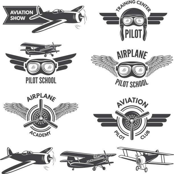 Labels set with illustrations of vintage airplanes. Travel pictures and  for aviators Labels set with illustrations of vintage airplanes. Travel pictures and  for aviators. Aviation flight badge, airplane emblem, pilot school  vector airshow stock illustrations