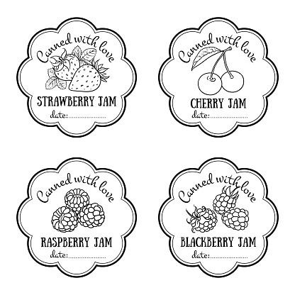 Labels with hand drawn fruits and berries set of vector. Strawberry, cherry, blackberry, raspberry.
