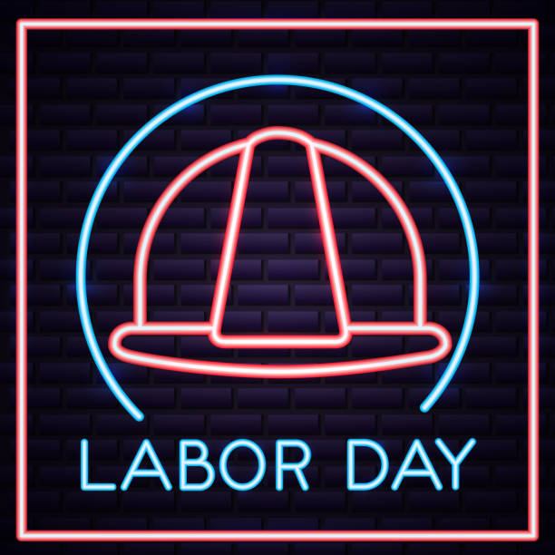 labor day label helmet builder neon vector illustration