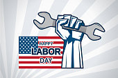 Labor Day card with hand holding wrench and USA flag. Vector illustration. EPS10