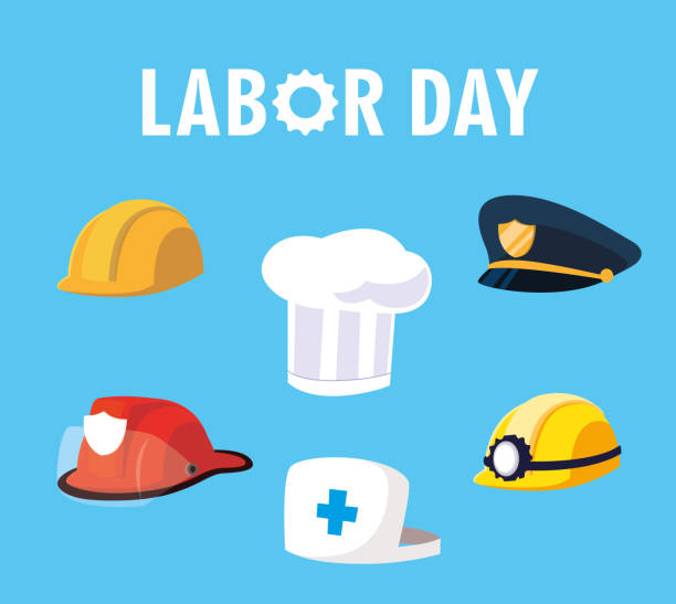 labor day card with helmets and hats of professionals labor day card with helmets and hats of professionals vector illustration design police hat stock illustrations