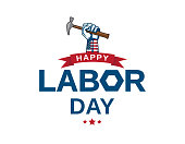 Labor Day greeting card with hand holding hammer. Vector illustration. EPS10