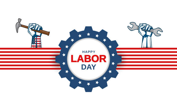 Labor Day greeting card with hand holding wrench and hammer. Vector illustration. EPS10