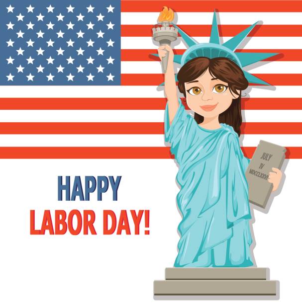 Labor Day greeting card with USA flag and girl dressed in a costume of Statue of Liberty. Labor Day greeting card with USA flag and girl dressed in a costume of Statue of Liberty. Vector illustration for holiday cartoon of a statue of liberty free stock illustrations