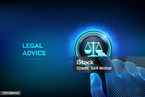 istock Labor law, Lawyer, Attorney at law, Legal advice concept. Closeup finger about to press a button. Internet law and cyberlaw as digital legal services or online lawyer advice. Vecto illustration. 1392380457