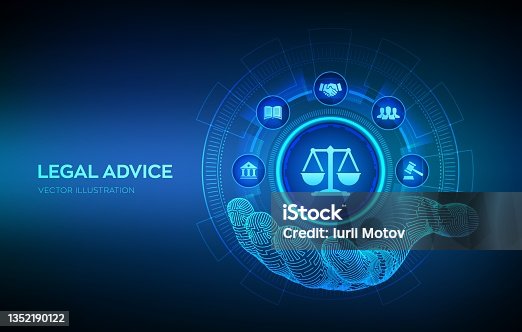 istock Labor law, Lawyer, Attorney at law, Legal advice concept on virtual screen. Internetlaw and cyberlaw as digital legal services or online lawyer advice. Law sign in robotic hand. Vector illustration. 1352190122