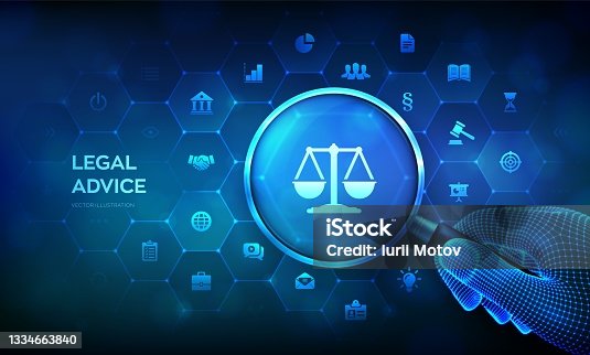 istock Labor law, Lawyer, Attorney at law, Legal advice concept with magnifier in wireframe hand and icons. Internet law and cyberlaw as digital legal services or online lawyer advice. Vector illustration. 1334663840