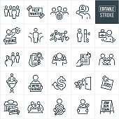 A set of labor shortage icons that include editable strokes or outlines using the EPS vector file. The icons include an employee being singled out from a group of candidates, help wanted sign, worker with target, employer using magnifying glass to find job candidate, human resources specialist using a bullhorn while holding a hiring sign, business person at fork in the road, employer chasing after employee who is running from job, employee compensation, business person sinking in water while holding briefcase above water, employer with fingers crossed in hiring workers, labor shortage, employee search using mobile phone, worker multi-tasking by holding a phone to both ears, job candidate burning resume, job offer with a handshake, job candidates being filtered down to one person, employer holding a we're hiring sign, money compensation, businessman running fro exit, jobs sign, closed sign on business building, businessman holding target with arrow in bulls-eye, worker packing up office supplies from desk and leaving job and a join our team sign.