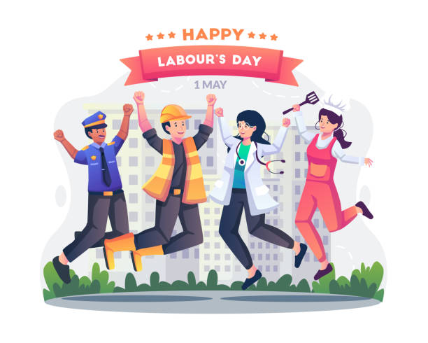 labor workers in different professions are having fun jumping together happily celebrating labour day on 1 may. flat style vector illustration - labor day 幅插畫檔、美工圖案、卡通及圖標