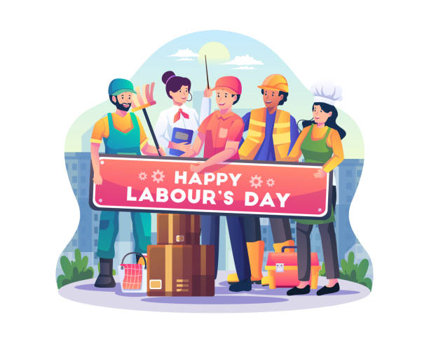 labor workers in different professions standing together hold a banner sign saying happy labor day. flat style vector illustration - labor day 幅插畫檔、美工圖案、卡通及圖標