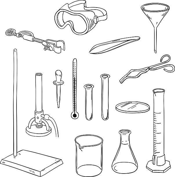 Laboratory equipment in black and white Laboratory equipment in line art style, black and white laboratory drawings stock illustrations