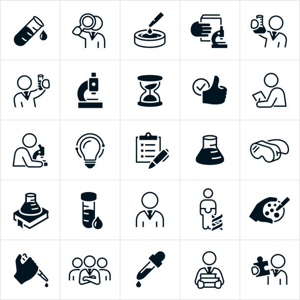 Laboratory Icons A set of laboratory icons. The icons include scientists, chemists, laboratory, experiments, testing, beakers, test tubes, petri dishes, microscopes, data, checklist, lab goggles, lab samples, eye dropper, genes, chromosomes, technicians, pathologist, cytotechnologist, medical technologists, histotechnologist, and other professionals. laboratory icons stock illustrations