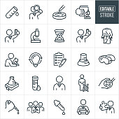 A set of laboratory icons that include editable strokes or outlines using the EPS vector file. The icons include a scientists, laboratory workers, test tube, laboratory scientist using a magnifying glass, petri dish, scientific education, microscope, hourglass, lab worker holding up a beaker, laboratory gown, scientist using a microscope, light bulb, clipboard with checklist, beaker with liquid, laboratory goggles, DNA strand, team of scientists, scientist holding a stack of books, virus, bacteria, laboratory worker holding up a test tube, hand holding a petri dish, DNA strand, vial, beaker, laboratory equipment, laboratory gown and other related icons.