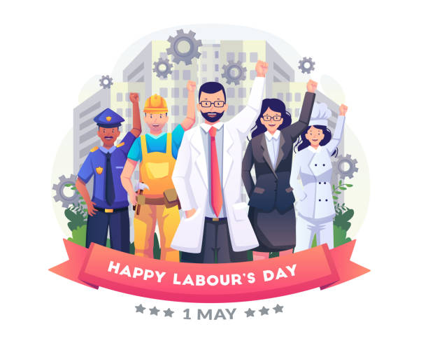 laborers people in different professions are celebrating labor day by raising their hands together. happy labour day 1st may. flat style vector illustration - labor day 幅插畫  檔、美工圖案、卡通及圖標