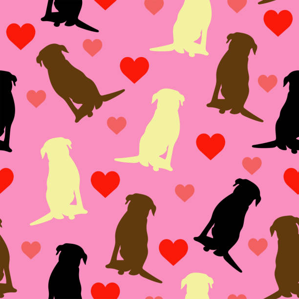 Labrador Retriever dog pink hearts seamless repeating background With Chocolate Lab, Black Lab and Yellow Lab chocolate labrador stock illustrations