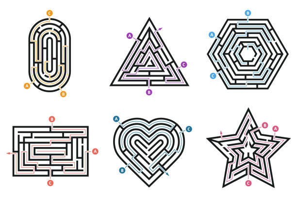 Labyrinth conundrum. Searching way, many ways directions maze and labyrinths child game isolated vector set Labyrinth conundrum. Searching way, many ways directions maze and labyrinths child game. Entrance path level conundrum, child thinking exit and entry exercise isolated vector icons set maze borders stock illustrations
