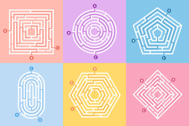 Labyrinth game. Maze conundrum, labyrinth way rebus and many entrance riddle vector concept illustration set Labyrinth game. Maze conundrum, labyrinth way rebus and many entrance riddle. Arcade labyrinths games, right or wrong paths and doors entrance leisure challenge. Vector concept illustration set maze borders stock illustrations