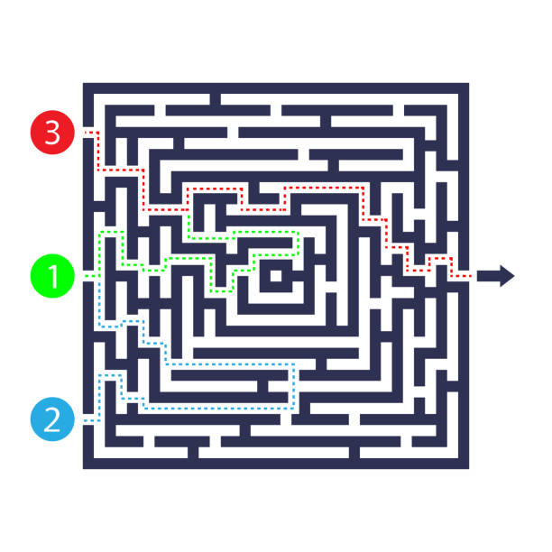 Labyrinth game. Three entrance, one exit and one right way to go. But many paths to deadlock. Vector illustration. Labyrinth game. Three entrance, one exit and one right way to go. But many paths to deadlock. Vector illustration. Eps 10. maze stock illustrations