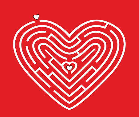 Labyrinth in form of heart on red background