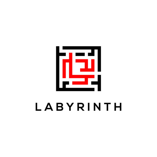 Labyrinth logo design, red black code logo icon vector illustration Labyrinth logo design, red black code logo icon vector illustration maze icons stock illustrations
