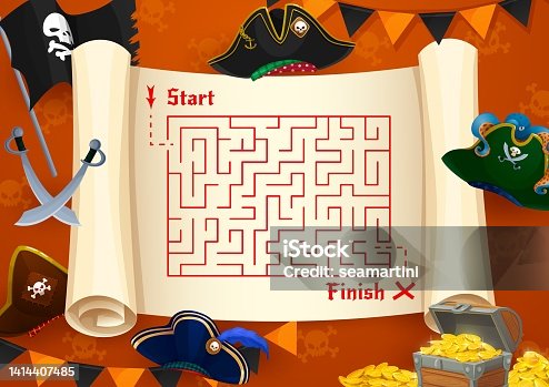 istock Labyrinth maze pirate treasure map, tricorn hats 1414407485