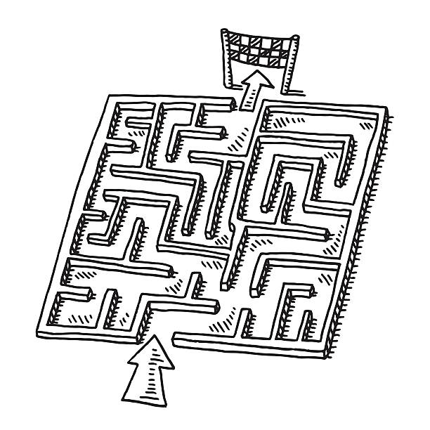 Labyrinth Puzzle Game Drawing Hand-drawn vector drawing of a Labyrinth Puzzle Game. Black-and-White sketch on a transparent background (.eps-file). Included files are EPS (v10) and Hi-Res JPG. maze clipart stock illustrations