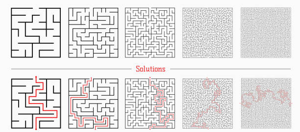 Labyrinth templates with solution in red. Vector illustration of set of 5 squaremazes for kids and not only at different levels of complexity. maze symbols stock illustrations