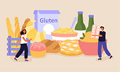 Lactose and gluten free abstract concept with healthcare symbols. Flat cartoon vector illustration