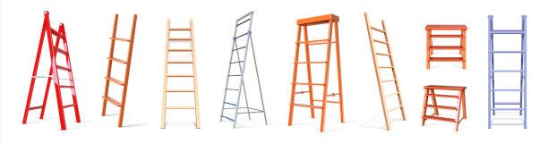 Ladder construction. Realistic wooden and metal staircase equipment, 3D stepladder collection. Isolated vertical tools for climbing. Repairs instruments with steps. Vector stairways set Ladder construction. Realistic wooden and glossy metal staircase equipment, 3D stepladder collection. Isolated row of vertical tools for climbing. Repairs instruments with steps. Vector stairways set construction worker safety checklist stock illustrations