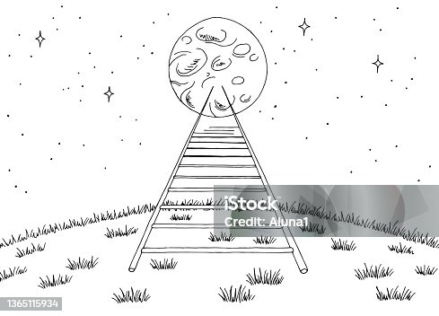 istock Ladder to the moon landscape graphic black white sketch illustration vector 1365115934